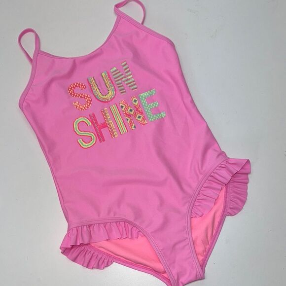 🔥btween Pink One Piece Swimsuit with Ruffles girls kids  Sz 10 New - Picture 1 of 7